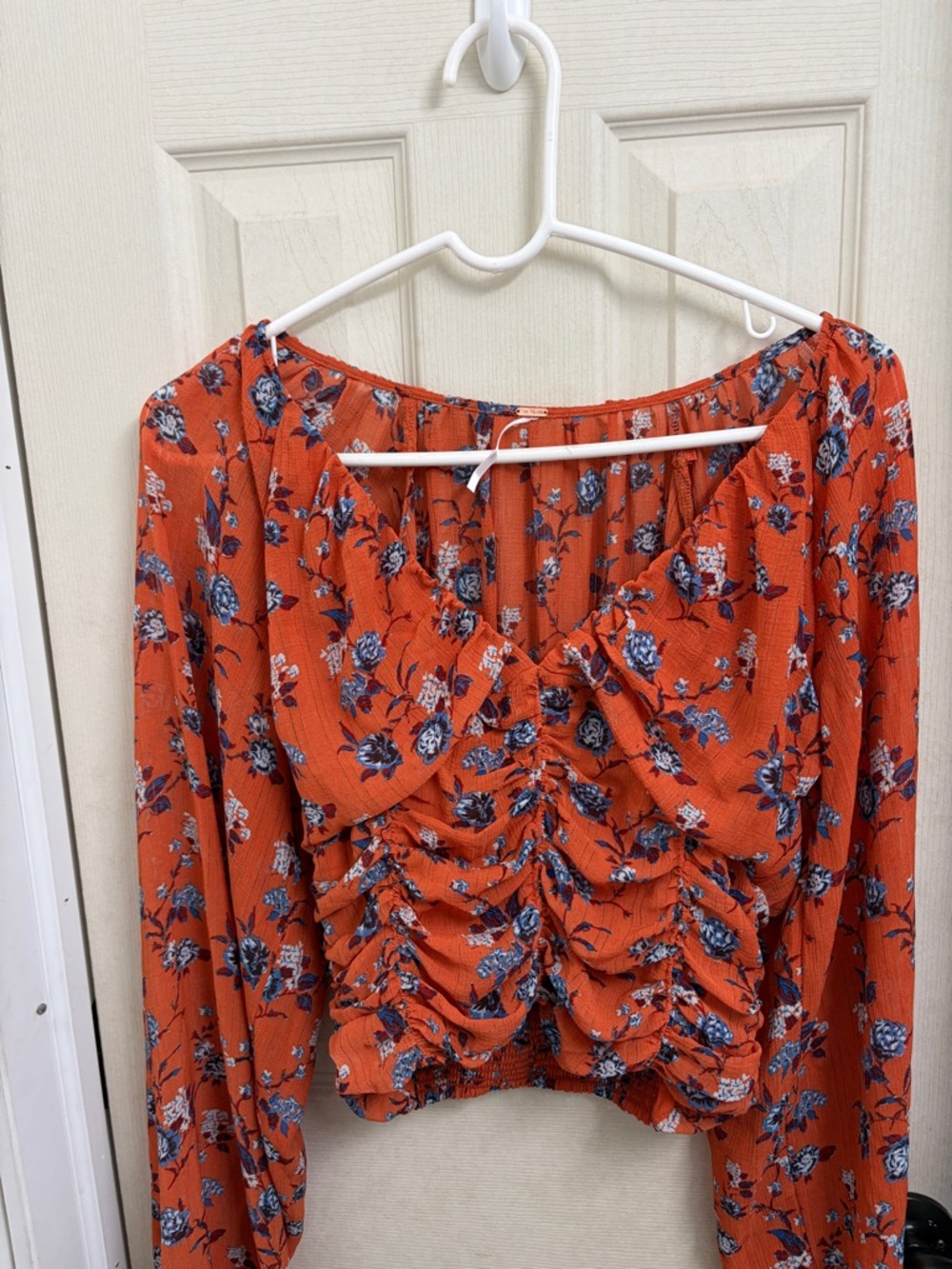 Free People Rust Floral Ruched Long-Sleeve Women's Top